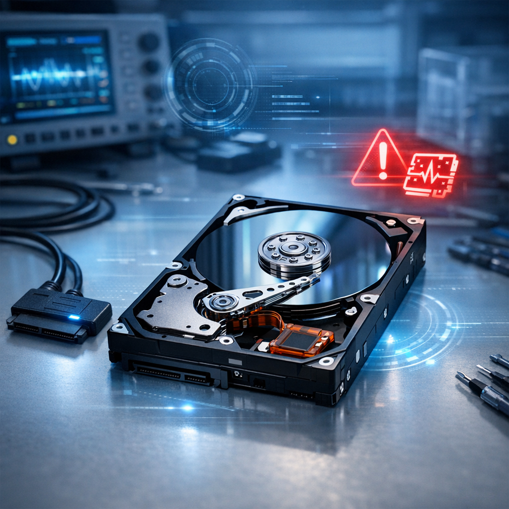 Firmware-Brick bei Seagate/WD: HDD läuft an, wird aber über SATA-zu-USB-Adapter komplett ignoriert - Professional technical hero image of an opened hard disk drive on a clean workbench, subtle blue diagnostic interface glow, SATA to USB adapter cable nearby, warning firmware error concept, modern data recovery laboratory style, sharp focus, no text