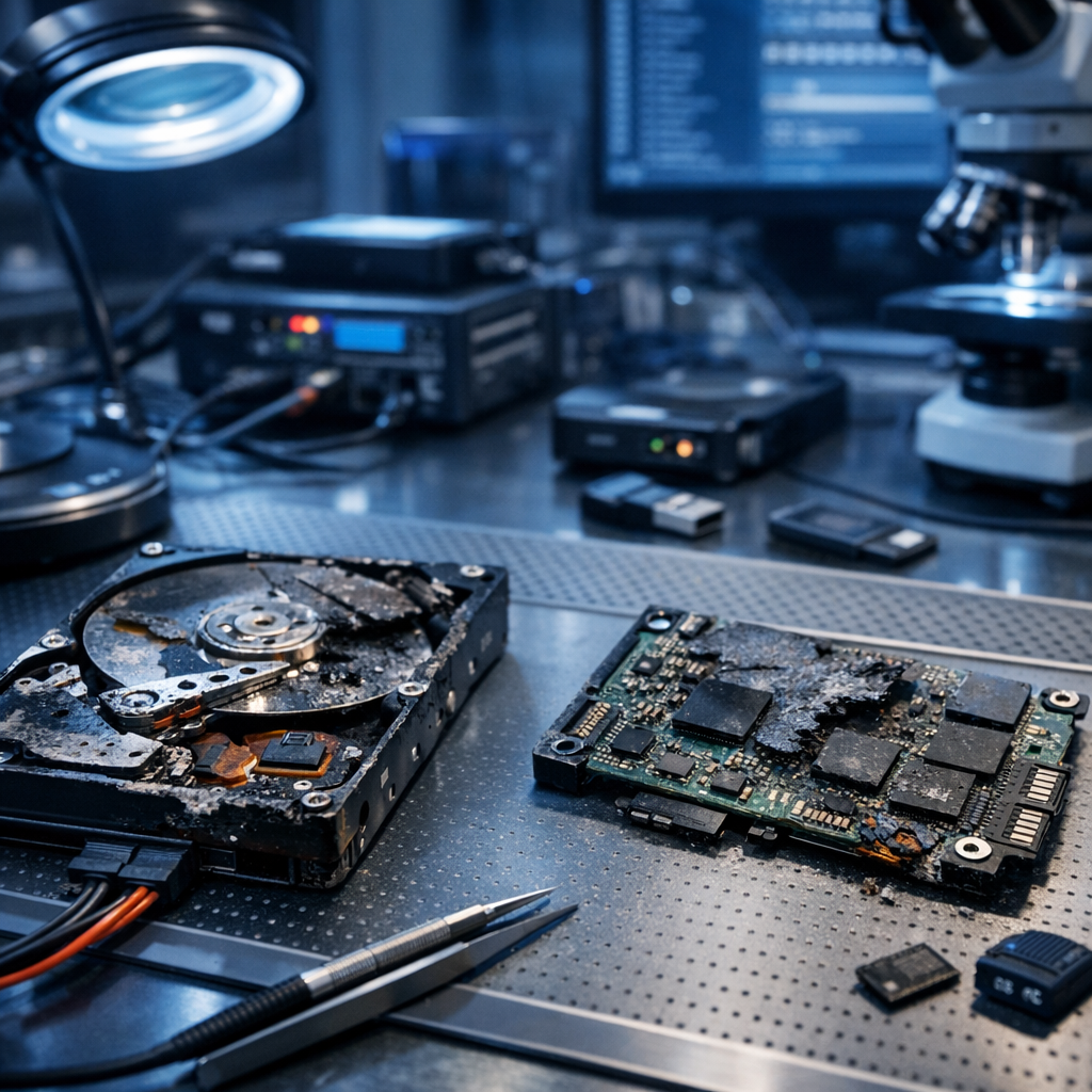 Forensische Datenrettung: Protokolle bei schwerster Zerstörung - Forensische Datenrettung in einem modernen IT-Labor: stark beschädigte Festplatte und SSD auf antistatischer Arbeitsfläche, digitale Beweissicherung, bläuliches Licht, professionelle Cyber-Forensik Atmosphäre, realistisch, hochwertig, ohne Text