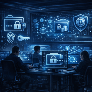 Forensische Extraktion von Krypto-Wallets und Passkeys aus dem Keystore - Modern digital forensics lab analyzing encrypted keystore data, abstract crypto wallet icons, passkey symbols, blockchain nodes, secure blue dark technology style, professional cybersecurity illustration, no text