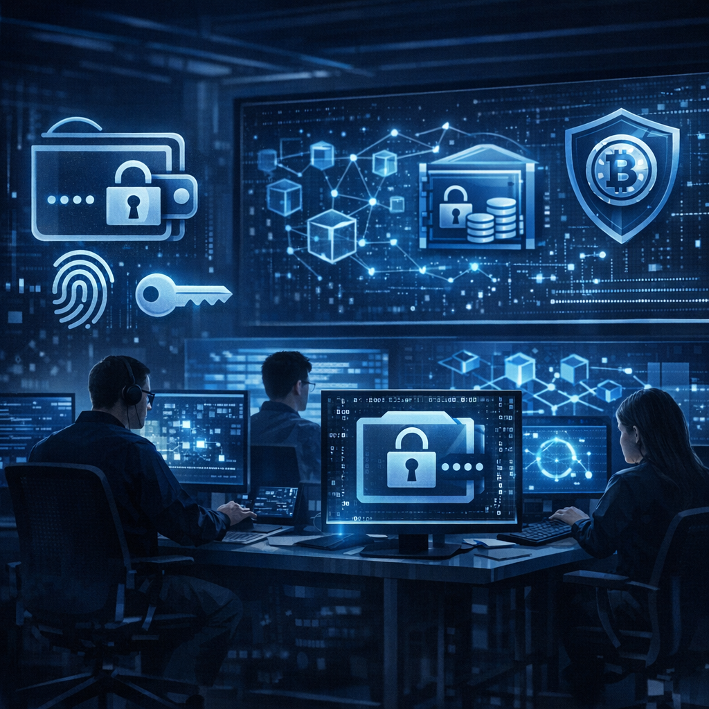 Forensische Extraktion von Krypto-Wallets und Passkeys aus dem Keystore - Modern digital forensics lab analyzing encrypted keystore data, abstract crypto wallet icons, passkey symbols, blockchain nodes, secure blue dark technology style, professional cybersecurity illustration, no text