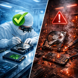 Gute vs. schlechte Datenrettung: Die 5 wichtigsten Unterscheidungsmerkmale - Modern professional data recovery comparison concept: split scene with secure clean lab, hard drive and SSD diagnostics, green check marks versus red warning symbols, blue technology background, high quality, no text