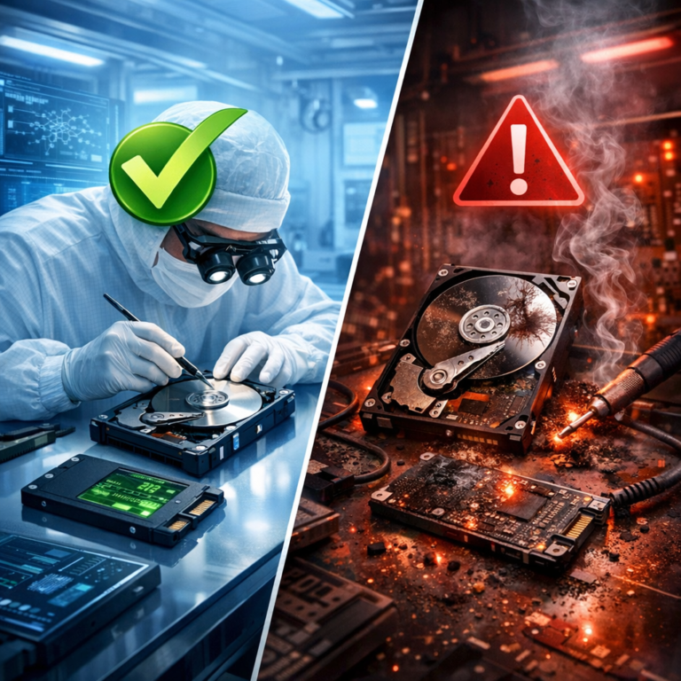 Gute vs. schlechte Datenrettung: Die 5 wichtigsten Unterscheidungsmerkmale - Modern professional data recovery comparison concept: split scene with secure clean lab, hard drive and SSD diagnostics, green check marks versus red warning symbols, blue technology background, high quality, no text