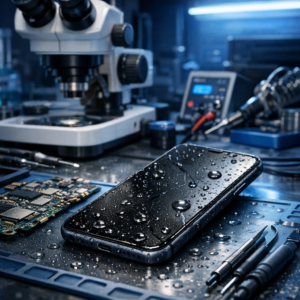 Handy Wasserschaden geht nicht mehr an - Fachliches Beitragsbild: modernes Smartphone mit Wasserschaden auf Werkbank, feine Wassertropfen, Mikroskop-Reparaturumgebung, Leiterplatte, Diagnose-Tools, blaues technisches Licht, professioneller Smartphone-Service, realistisch, clean, ohne Text