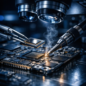 Hardware-Forensik & NANO-Chip-Transplantation - Modern macro technical scene of a smartphone motherboard under a microscope, nano chip transplantation, micro soldering, forensic data recovery lab, blue and dark tones, high precision electronics, clean professional style