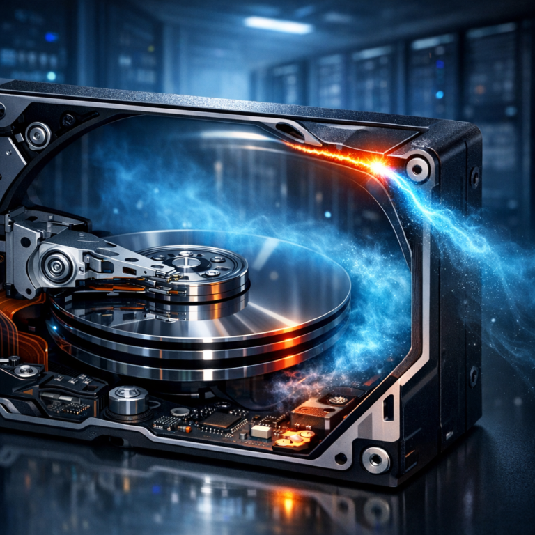 Helium-HDDs: Wenn der Laserschweißnähte-Fehler die Köpfe „erstickt“ - Modern technical illustration of a helium-filled hard disk drive opened in cross-section, glowing laser weld seam with tiny leak, read-write heads over spinning platters, blue helium atmosphere escaping, dark high-tech server room background, clean professional IT magazine style, no text
