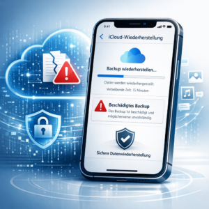 iCloud-Backup lässt sich nicht einspielen oder ist beschädigt - Modernes technisches Beitragsbild: iPhone mit iCloud-Backup-Wiederherstellung, Warnsymbol für beschädigtes Backup, digitale Cloud, sichere Datenrettung, cleanes blau-weißes Design, professioneller IT-Service Look