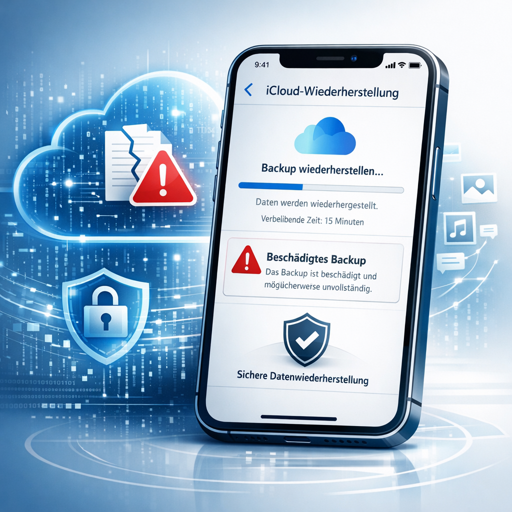 iCloud-Backup lässt sich nicht einspielen oder ist beschädigt - Modernes technisches Beitragsbild: iPhone mit iCloud-Backup-Wiederherstellung, Warnsymbol für beschädigtes Backup, digitale Cloud, sichere Datenrettung, cleanes blau-weißes Design, professioneller IT-Service Look