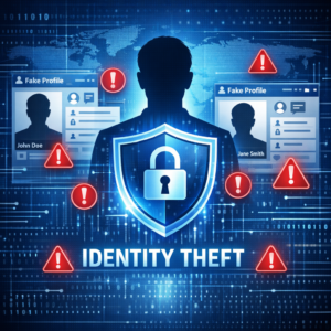 Identitätsdiebstahl und Fake-Profile: Was tun, wenn in meinem Namen Fake-Accounts erstellt werden? - Modern cybersecurity illustration showing a person silhouette with duplicated fake social media profiles, identity theft warning symbols, shield protection, blue digital background, professional clean style