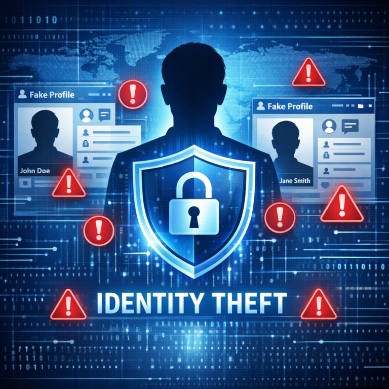 Identitätsdiebstahl und Fake-Profile: Was tun, wenn in meinem Namen Fake-Accounts erstellt werden? - Modern cybersecurity illustration showing a person silhouette with duplicated fake social media profiles, identity theft warning symbols, shield protection, blue digital background, professional clean style