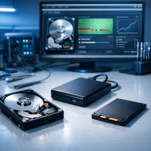 Interne / externe Festplatte wird nicht erkannt – Fachartikel zu Ursachen, Diagnose und Datenrettung - Modern professional data recovery scene with internal HDD, external USB hard drive and SSD on a clean workbench, diagnostic software interface in background, blue technical lighting, high quality, realistic, no text
