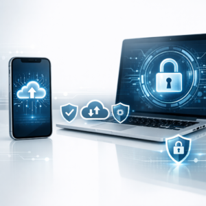 iPhone-Backup-Passwort vergessen - Modernes technisches Titelbild: ein iPhone neben einem Laptop, digitales Schloss-Symbol, Backup-Cloud und Sicherheits-Icons, klare blaue Akzente, professioneller IT-Ratgeber-Stil, minimalistisch, hell, ohne Text