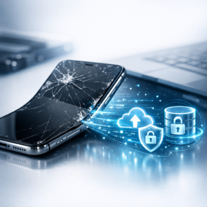 iPhone verbogen oder Displayschaden (Totalschaden): Datenrettung - Modern professional image of a damaged bent iPhone with cracked black display, data recovery concept, glowing digital data streams and secure backup icons, clean tech repair aesthetic, blue and white background, realistic, no text