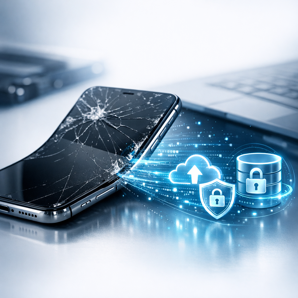 iPhone verbogen oder Displayschaden (Totalschaden): Datenrettung - Modern professional image of a damaged bent iPhone with cracked black display, data recovery concept, glowing digital data streams and secure backup icons, clean tech repair aesthetic, blue and white background, realistic, no text