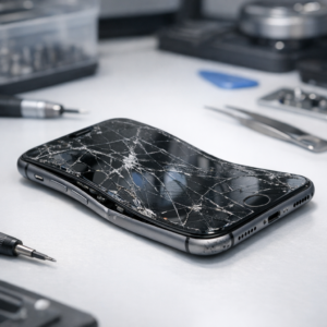 iPhone verbogen oder Displayschaden (Totalschaden) - Realistic modern photo of a damaged bent iPhone with cracked display on a clean repair desk, subtle tools, professional smartphone repair and data recovery atmosphere, high detail, no text