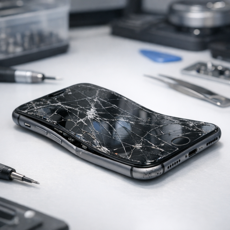 iPhone verbogen oder Displayschaden (Totalschaden) - Realistic modern photo of a damaged bent iPhone with cracked display on a clean repair desk, subtle tools, professional smartphone repair and data recovery atmosphere, high detail, no text