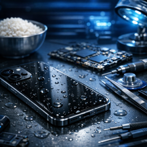 iPhone Wasserschaden: „In Reis legen“ vs. professionelle Rettung - Modern realistic close-up of a wet smartphone on a clean repair desk, water droplets, rice bowl in background versus professional repair tools, blue lighting, high-tech data recovery mood, no text
