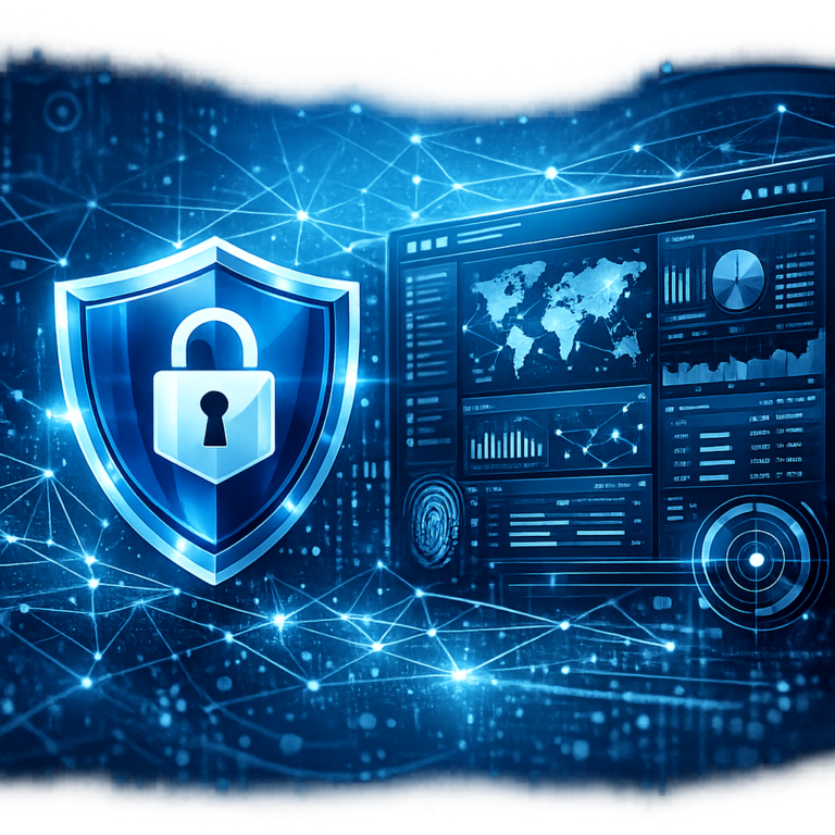 IS-Penetrationstest und IS-Webcheck - Modern cybersecurity concept for IS penetration test and web security check, shield icon, network lines, secure web application dashboard, blue professional technology style, no text