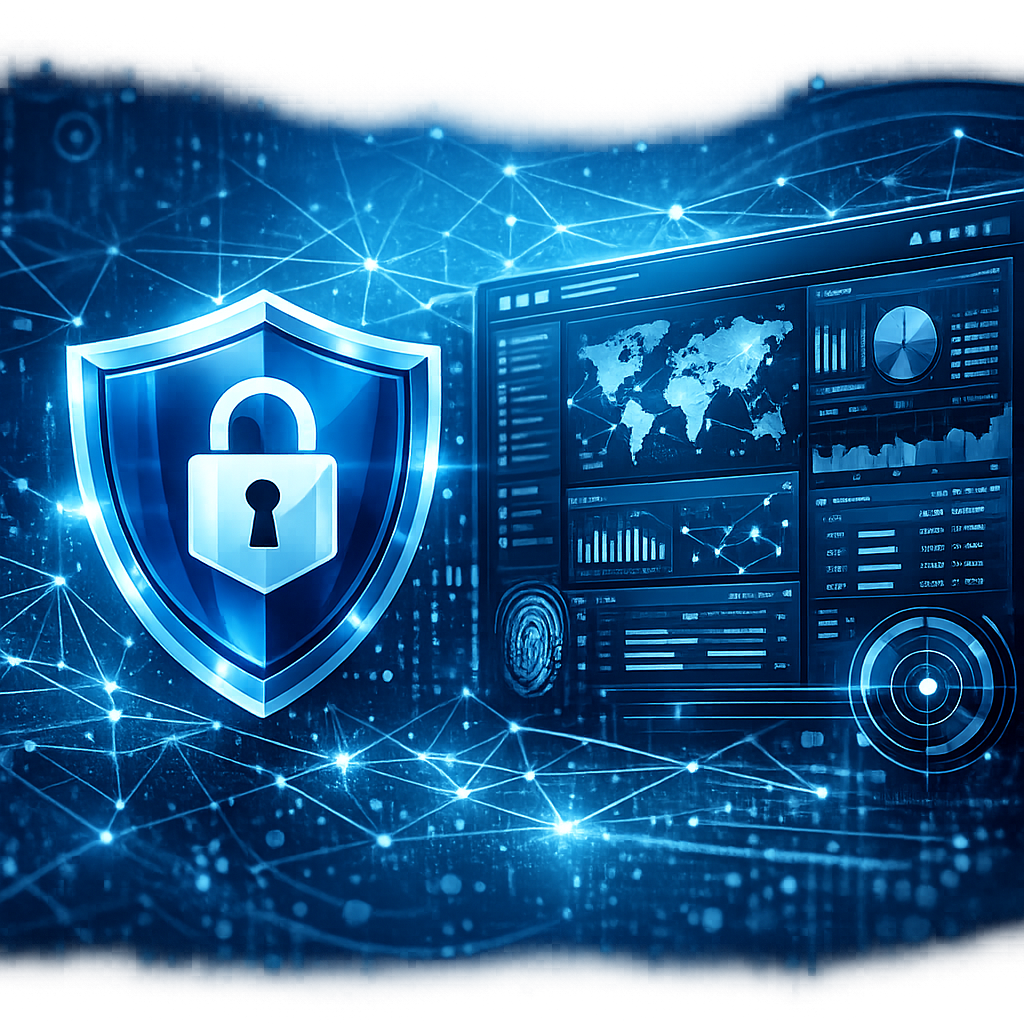 IS-Penetrationstest und IS-Webcheck - Modern cybersecurity concept for IS penetration test and web security check, shield icon, network lines, secure web application dashboard, blue professional technology style, no text