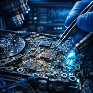Korrosion nach Wasserschaden: Die unsichtbare Gefahr für Datenträger - Makroaufnahme eines beschädigten Datenträgers nach Wasserschaden mit sichtbarer Korrosion auf elektronischer Platine, moderne technische Datenrettung, dramatisches blaues Licht, professioneller IT-Labor-Look