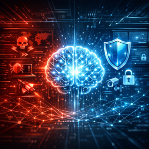Künstliche Intelligenz in der Cybersecurity: Offensiv vs. Defensiv - Modern cybersecurity illustration showing artificial intelligence as a glowing digital brain between red offensive cyber attack elements and blue defensive shield systems, futuristic SOC dashboard, network lines, professional clean style, no text