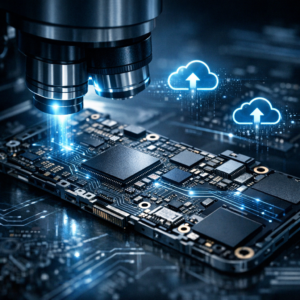 Kuriose iPhone-Datenrettung: Hardware-Forensik, Error 14 und Phantom-Backups - Modernes technisches Titelbild zur iPhone-Datenrettung: geöffnetes Smartphone-Mainboard unter Mikroskop, feine Leiterbahnen, Datenströme, iCloud-Symbole, dunkler Hightech-Look, blaues Licht, professionell, clean, ohne Text