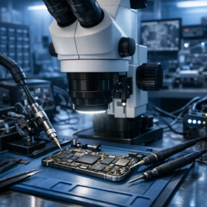 Kuriose iPhone-Datenrettung: Hardware-Forensik, Error 14 und Phantom-Backups - Modern professional data recovery lab scene with an opened iPhone logic board under a microscope, tiny micro-soldering tools, blue technology lighting, forensic clean room atmosphere, high detail, no text