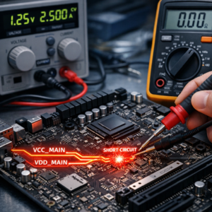 Kurzschluss in der Hauptstromleitung (VCC_MAIN / VDD_MAIN) - Makroaufnahme eines modernen Mainboards mit hervorgehobener Hauptstromleitung VCC_MAIN VDD_MAIN, Diagnose eines Kurzschlusses, Labornetzteil, Multimeter, technische Reparaturwerkstatt, klare professionelle Beleuchtung, realistisch, hochwertig