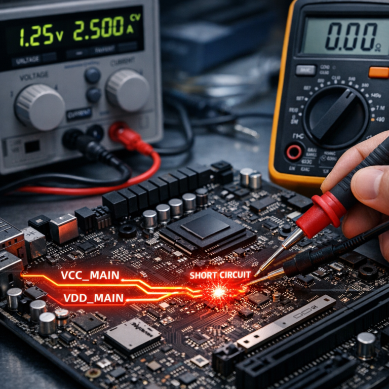 Kurzschluss in der Hauptstromleitung (VCC_MAIN / VDD_MAIN) - Makroaufnahme eines modernen Mainboards mit hervorgehobener Hauptstromleitung VCC_MAIN VDD_MAIN, Diagnose eines Kurzschlusses, Labornetzteil, Multimeter, technische Reparaturwerkstatt, klare professionelle Beleuchtung, realistisch, hochwertig