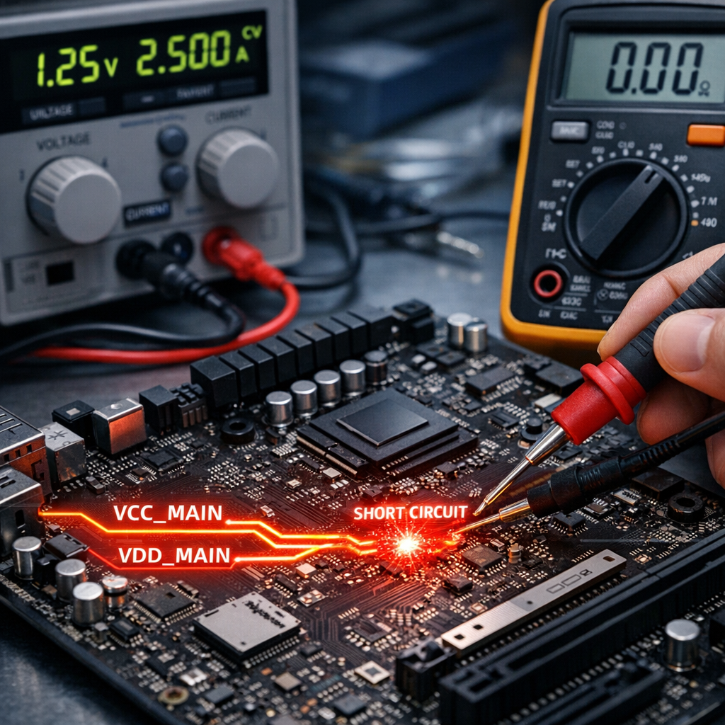 Kurzschluss in der Hauptstromleitung (VCC_MAIN / VDD_MAIN) - Makroaufnahme eines modernen Mainboards mit hervorgehobener Hauptstromleitung VCC_MAIN VDD_MAIN, Diagnose eines Kurzschlusses, Labornetzteil, Multimeter, technische Reparaturwerkstatt, klare professionelle Beleuchtung, realistisch, hochwertig
