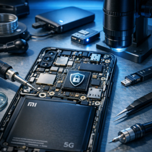 Mainboard-Defekt bei Xiaomi – Sind die Daten verloren? - Modern professional smartphone repair and data recovery scene: opened Xiaomi Android phone with visible mainboard, micro soldering tools, blue technical lighting, clean service desk, focus on circuit board and data security, realistic high quality