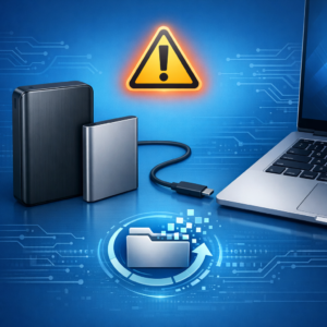 Meine externe Samsung-Festplatte (z. B. M9T oder portable SSD) wird nicht mehr erkannt. Was kann ich tun? - Modern clean technical illustration of an external Samsung-style portable hard drive and SSD connected by USB-C to a laptop, warning icon and data recovery theme, blue professional tech background, no text