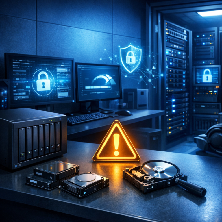 NAS / RAID-Ausfall im Home-Office oder KMU - Modern professional home office and small business server room with NAS storage device, RAID hard drives, warning symbol, data recovery and cybersecurity atmosphere, clean blue technology style, no text