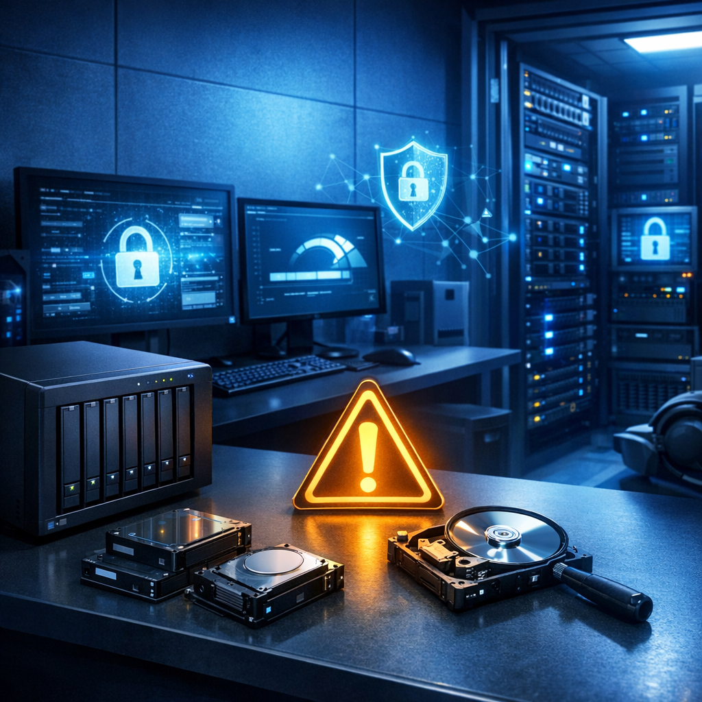NAS / RAID-Ausfall im Home-Office oder KMU - Modern professional home office and small business server room with NAS storage device, RAID hard drives, warning symbol, data recovery and cybersecurity atmosphere, clean blue technology style, no text