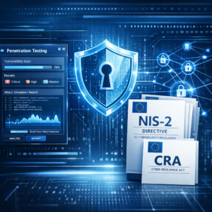 NIS-2 & CRA: Warum Pentesting vom „Nice-to-have“ zur Pflicht wird - Modern cybersecurity compliance illustration: digital shield, penetration testing interface, EU regulation documents labeled NIS-2 and CRA, secure network nodes, professional blue technology style, clean corporate look
