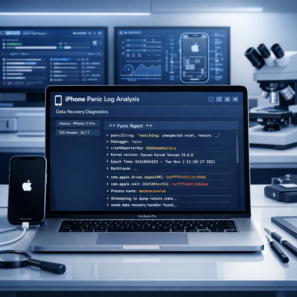 „Panic Full“ Logfiles auslesen und verstehen - Modern technical illustration of an iPhone diagnostic panic log analysis for smartphone data recovery, dark blue and white clean lab environment, code log lines on screen, subtle Bootstrap style, professional data recovery theme