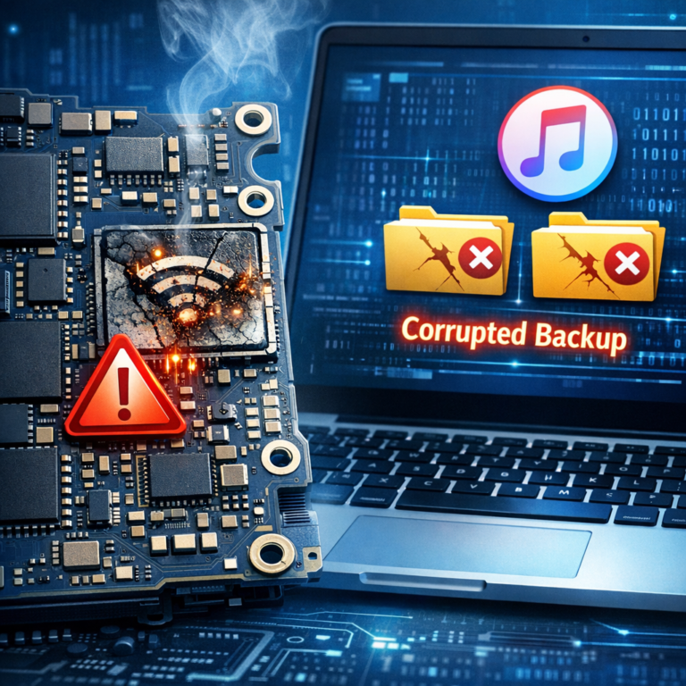Platinenschaden: Defektes WLAN & korruptes iTunes-Backup - Modern technical illustration of an iPhone logic board with damaged WiFi module, warning icon, corrupted iTunes backup files on a laptop screen, clean blue technology style, professional data recovery theme