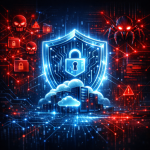 Ransomware 2026 – Neue Angriffsmethoden - Modern cybersecurity illustration: glowing digital shield protecting cloud servers and business data from ransomware attack, dark blue background, red warning accents, AI threat network, professional tech style, no text
