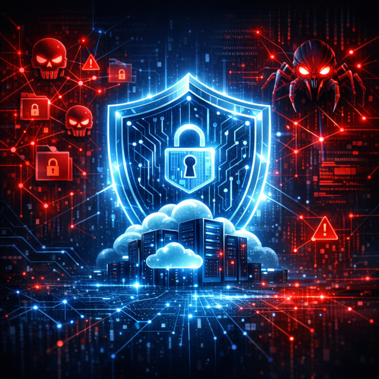Ransomware 2026 – Neue Angriffsmethoden - Modern cybersecurity illustration: glowing digital shield protecting cloud servers and business data from ransomware attack, dark blue background, red warning accents, AI threat network, professional tech style, no text