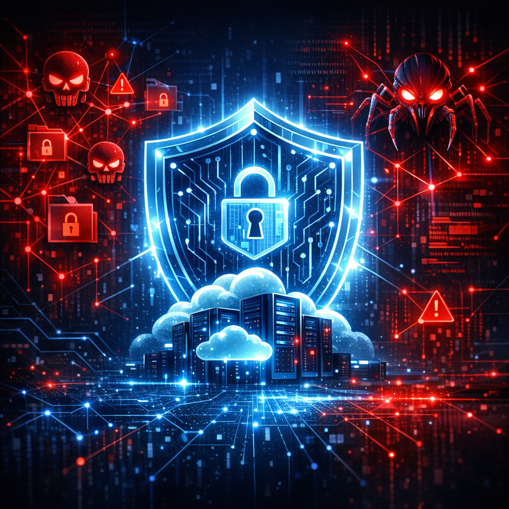 Ransomware 2026 – Neue Angriffsmethoden - Modern cybersecurity illustration: glowing digital shield protecting cloud servers and business data from ransomware attack, dark blue background, red warning accents, AI threat network, professional tech style, no text