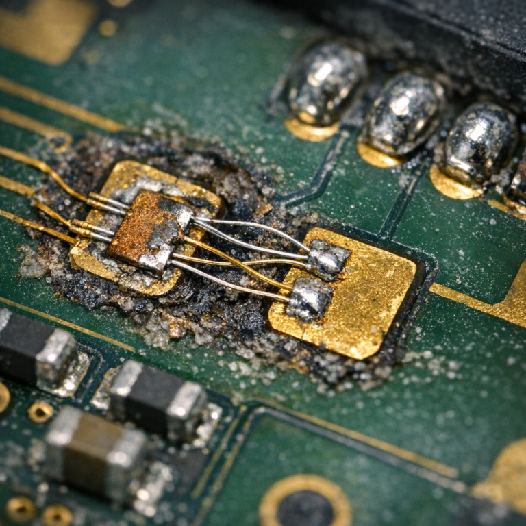 Rekonstruktion abgerissener Lötpads (Micro-Jumper-Draht-Technik) - Macro photo style illustration of a damaged circuit board under a microscope, reconstructed torn solder pads with ultra-fine micro jumper wires, precise electronics repair, data recovery context, clean professional lighting, high detail