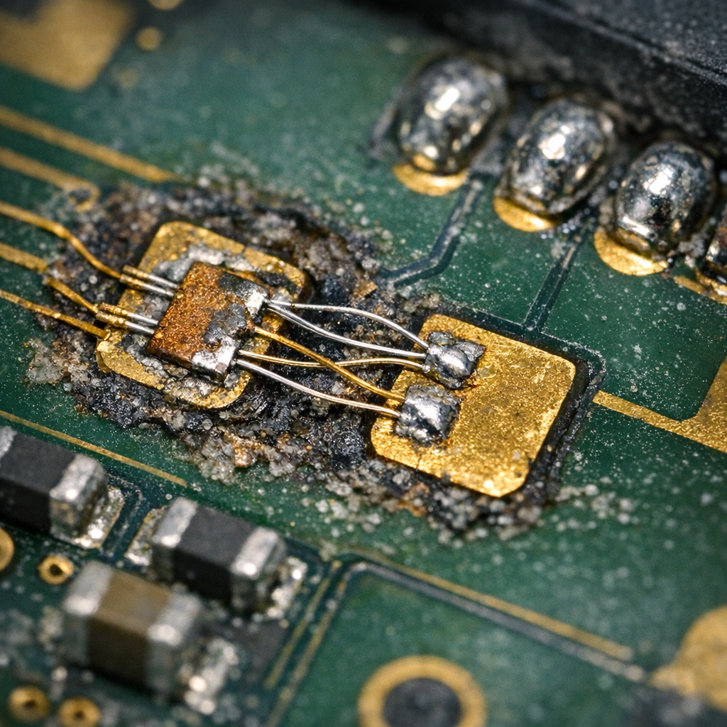 Rekonstruktion abgerissener Lötpads (Micro-Jumper-Draht-Technik) - Macro photo style illustration of a damaged circuit board under a microscope, reconstructed torn solder pads with ultra-fine micro jumper wires, precise electronics repair, data recovery context, clean professional lighting, high detail