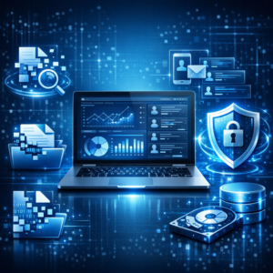 Rekonstruktion gelöschter Daten & Account-Analysen - Modern digital forensics concept: secure data recovery, deleted files reconstruction, account activity analysis, glowing database icons, shield lock, laptop dashboard, blue technology style, professional clean composition, no text