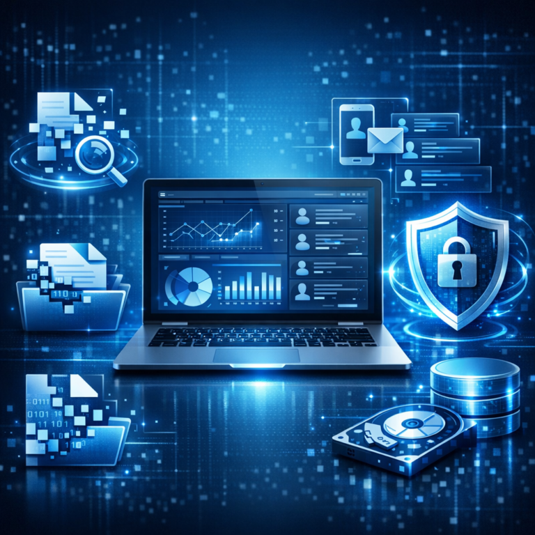 Rekonstruktion gelöschter Daten & Account-Analysen - Modern digital forensics concept: secure data recovery, deleted files reconstruction, account activity analysis, glowing database icons, shield lock, laptop dashboard, blue technology style, professional clean composition, no text