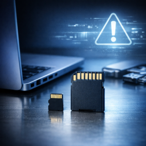SD-Karte / microSD wird nicht erkannt? (Die 10 häufigsten Ursachen) - Modern technical hero image showing a microSD card and SD card on a clean desk next to a laptop, subtle warning icon, blue professional lighting, data recovery and troubleshooting theme, no text