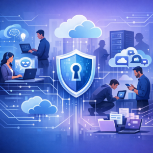 Shadow AI & Shadow IT in Unternehmen - Modern corporate cybersecurity illustration showing shadow AI and shadow IT risks in a business environment, employees using AI tools, cloud apps, data protection shields, network lines, blue and purple professional tech style, clean minimal, no text