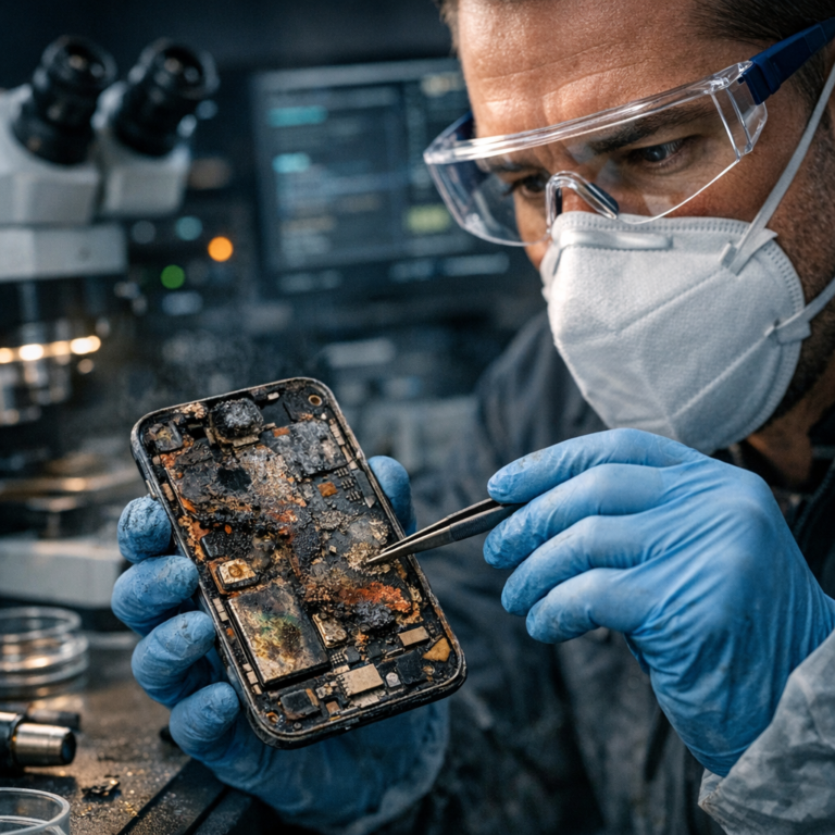 Smartphone-Daten retten bei chemischen / thermische Extremfällen - Professionelles Smartphone-Datenrettungslabor, beschädigtes Smartphone nach chemischem und thermischem Extremfall, Platine mit Korrosion und Hitzespuren, Techniker mit Schutzbrille, moderne dunkle technische Atmosphäre, realistische Fotografie, hochwertige Beleuchtung