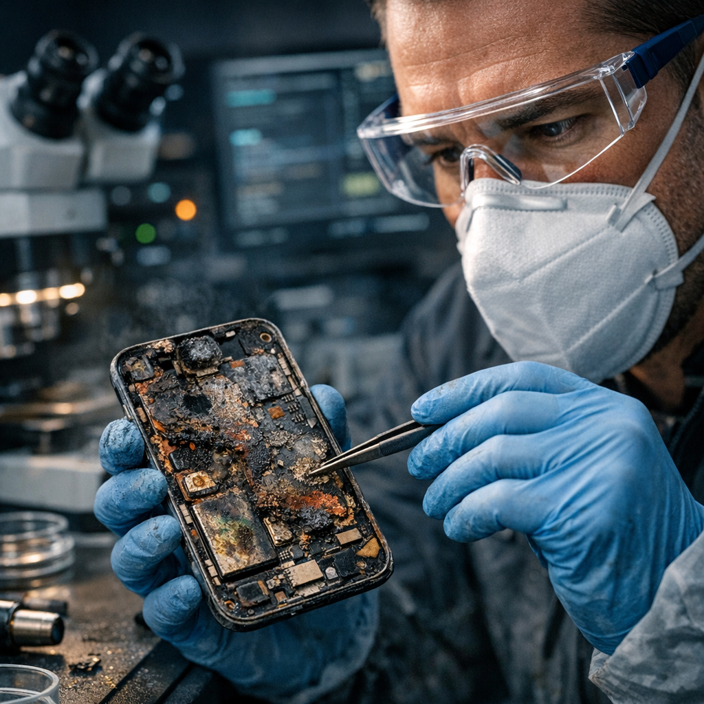 Smartphone-Daten retten bei chemischen / thermische Extremfällen - Professionelles Smartphone-Datenrettungslabor, beschädigtes Smartphone nach chemischem und thermischem Extremfall, Platine mit Korrosion und Hitzespuren, Techniker mit Schutzbrille, moderne dunkle technische Atmosphäre, realistische Fotografie, hochwertige Beleuchtung