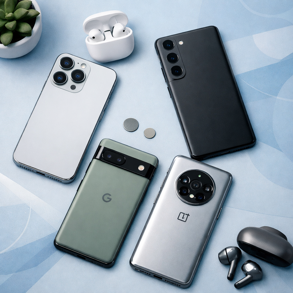 Smartphone günstig kaufen – warum nicht einfach gebraucht? - Modern flat lay of several premium used smartphones on a clean desk, subtle blue tech background, sustainable electronics concept, professional ecommerce style, high quality, no text