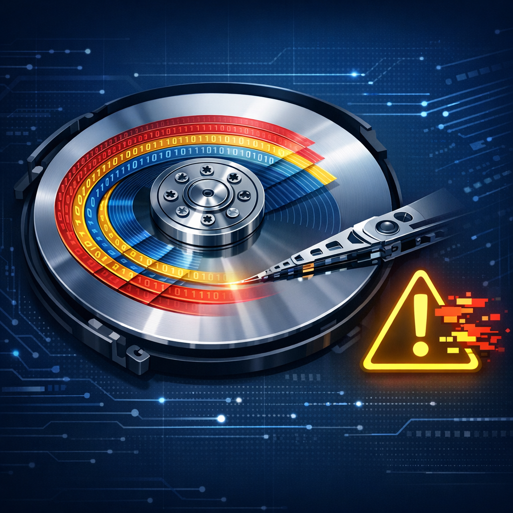 SMR-Festplatten (Shingled Magnetic Recording) und Datenverlust: Warum gelöschte Dateien hier fast nie wiederkehrbar sind - Modern technical illustration of an SMR hard drive platter with overlapping magnetic tracks, warning symbol for data loss, dark blue technology background, clean professional style, no text