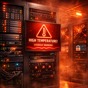Versteckte Datenverlustrisiken: Hitzewelle als Bedrohung - Modern IT server room during heatwave, glowing red temperature warning, data storage devices, cooling fans, cybersecurity and backup concept, professional tech illustration, clean composition